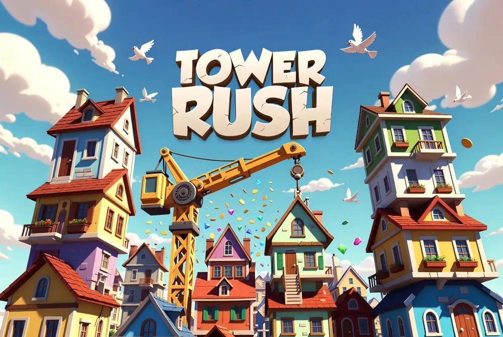 Coins stacking beside the Tower Rush tower, illustrating real-money stakes