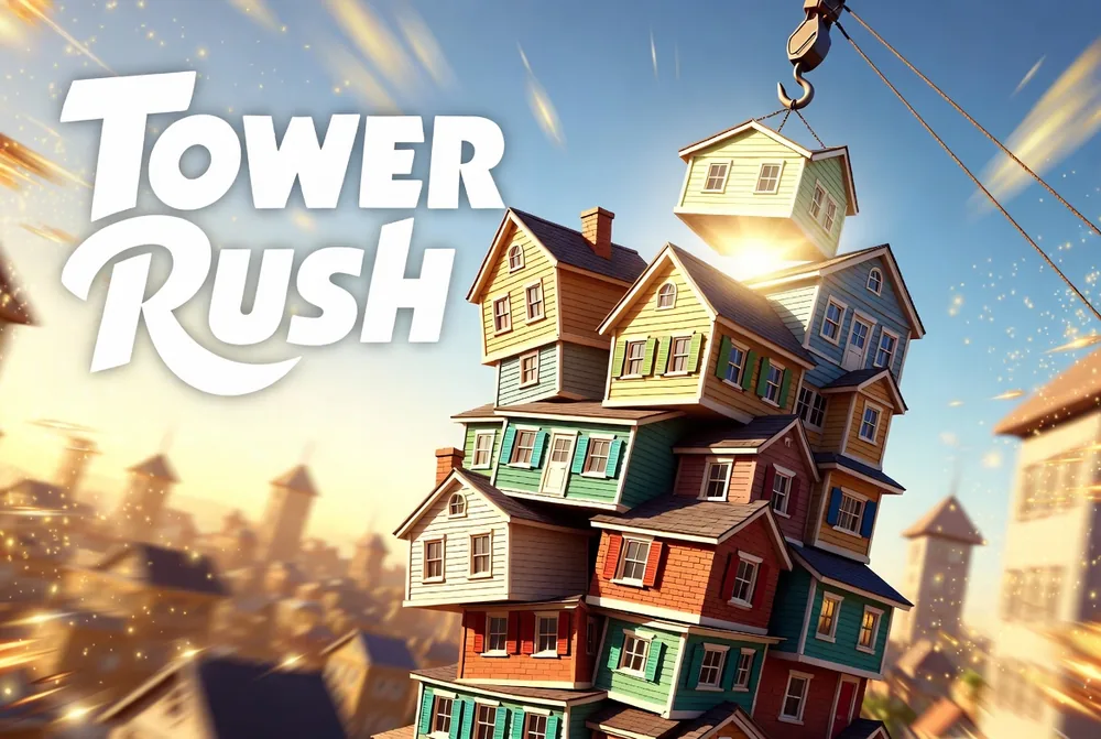 Tower Rush tower lit at golden hour, illustrating the welcome bonus page
