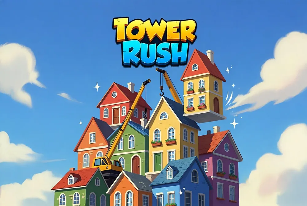 Tower Rush app open on a phone showing the crane and the rising tower